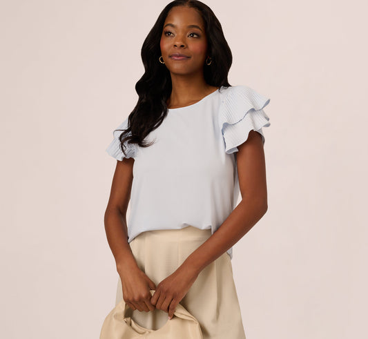 Double Flutter Sleeve Top With Pleated Details In Halogen Blue
