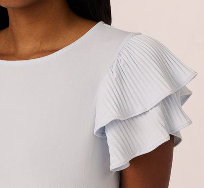 Double Flutter Sleeve Top With Pleated Details In Halogen Blue