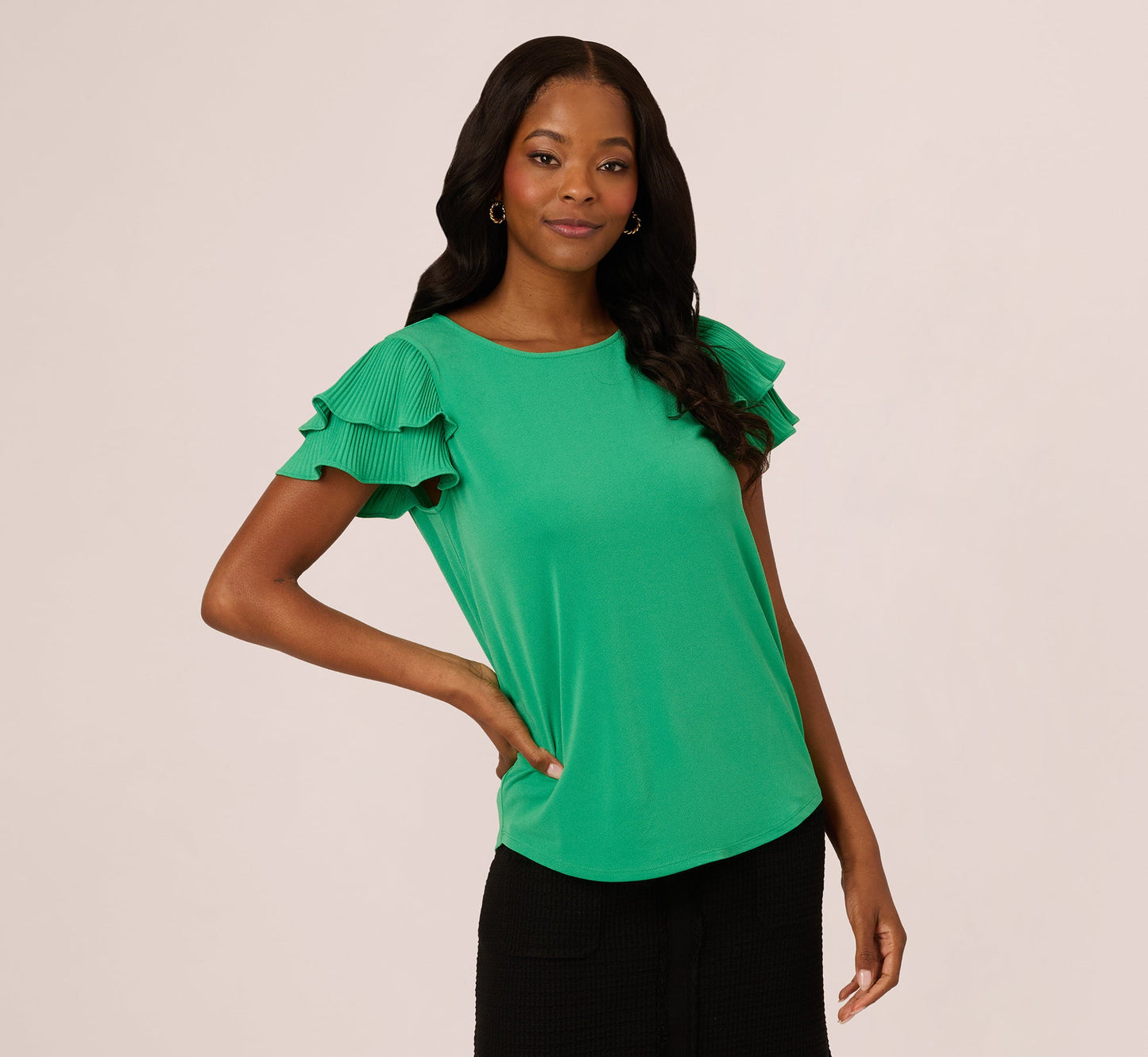 Double Flutter Sleeve Top With Pleated Details In Jelly Bean
