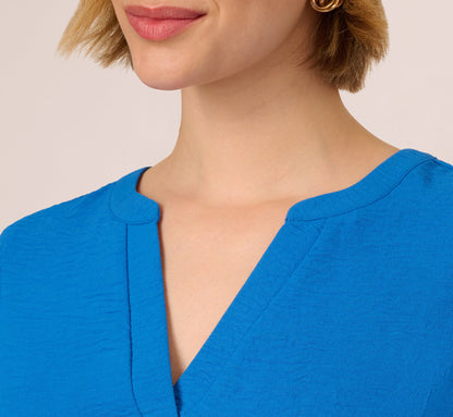 Flutter Sleeve Top With Notched Neck In Egyptian Blue