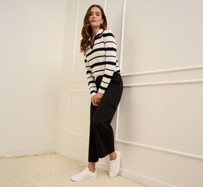 Ponte Knit Wide Leg Cargo Pant In Black