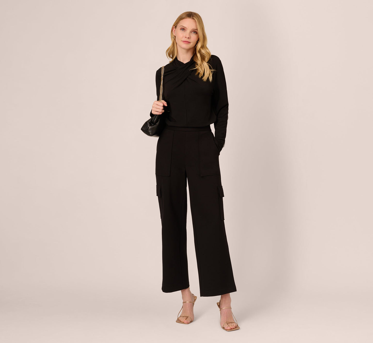 Ponte Knit Wide Leg Cargo Pant In Black