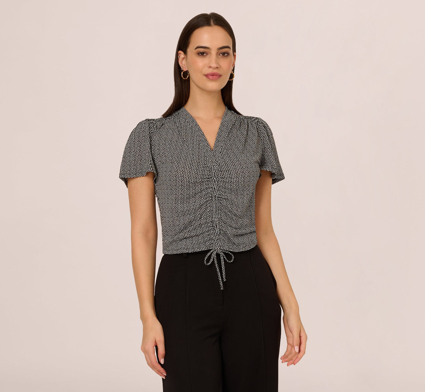 Flutter Sleeve Ruched Front Printed Top In Black Cloud Carnation