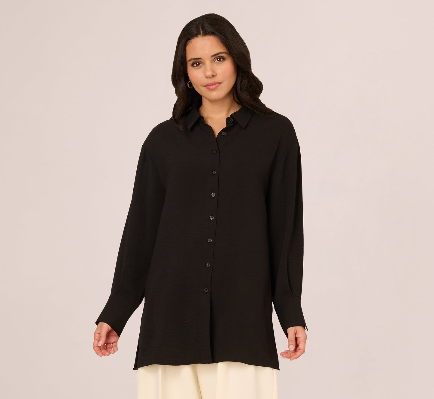 Long Sleeve Button Front Airflow Blouse In Black