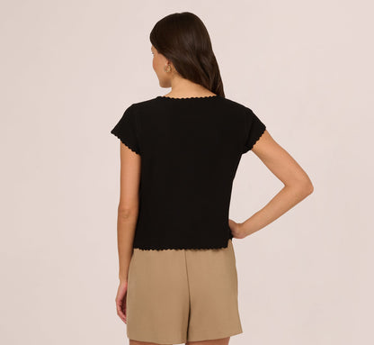 Cap Sleeve Crochet Scallop Sweater Top In Black