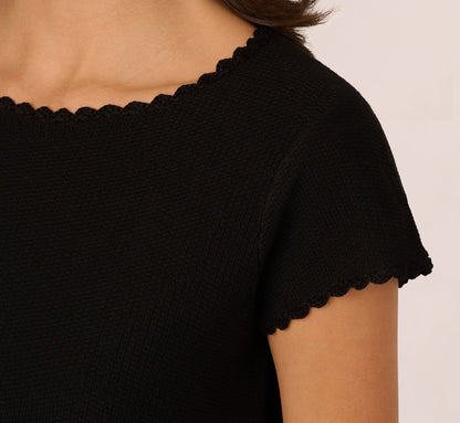 Cap Sleeve Crochet Scallop Sweater Top In Black