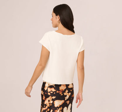 Cap Sleeve Crochet Scallop Sweater Top In Ivory