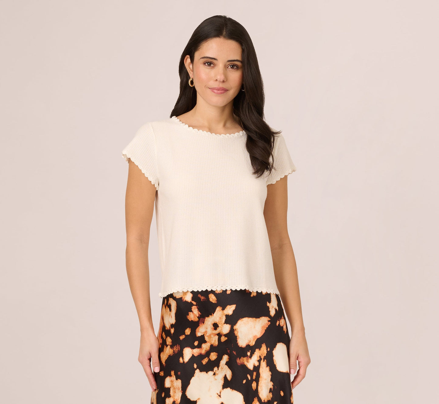 Cap Sleeve Crochet Scallop Sweater Top In Ivory