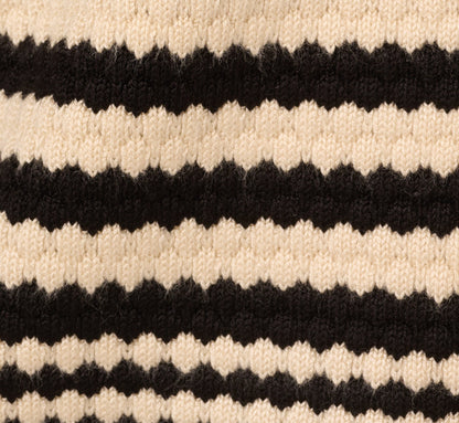 Crew Neck Button Front Striped Pointelle Cardigan Sweater In Cream Black