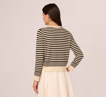 Crew Neck Button Front Striped Pointelle Cardigan Sweater In Cream Black