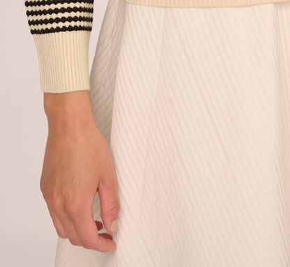 Crew Neck Button Front Striped Pointelle Cardigan Sweater In Cream Black