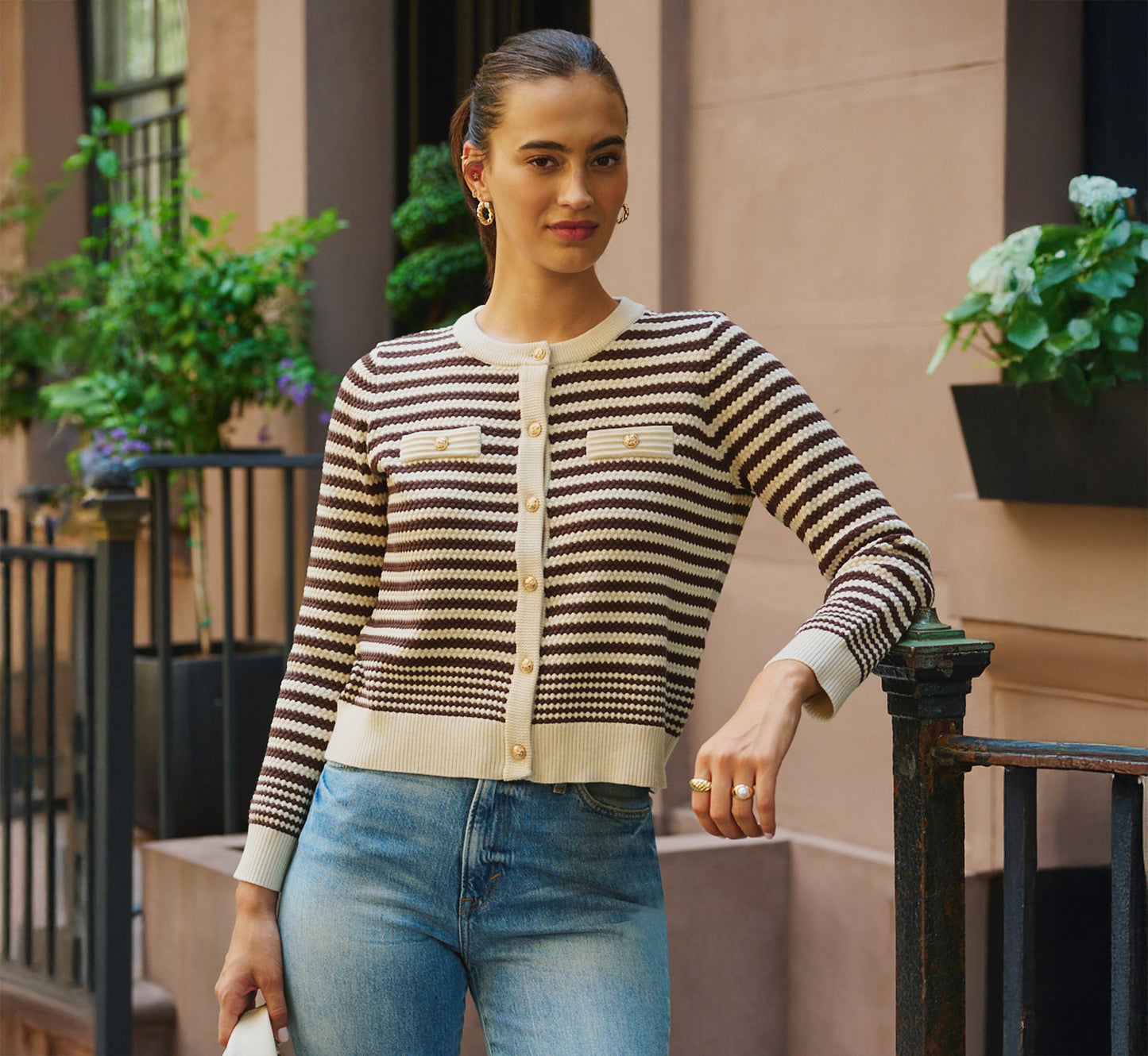Crew Neck Button Front Striped Pointelle Cardigan Sweater In Cream Dark Brown