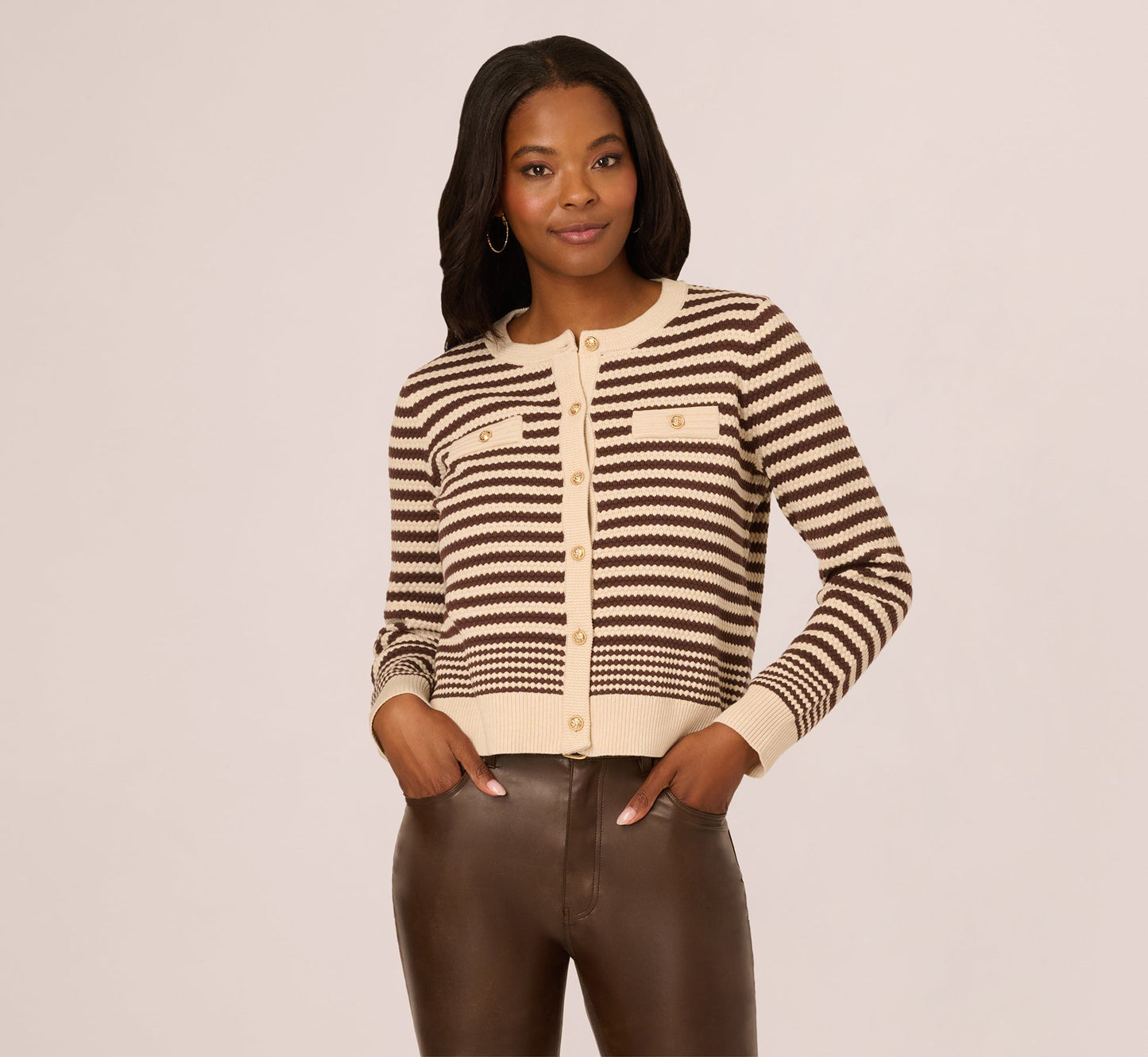 Crew Neck Button Front Striped Pointelle Cardigan Sweater In Cream Dark Brown