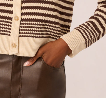 Crew Neck Button Front Striped Pointelle Cardigan Sweater In Cream Dark Brown