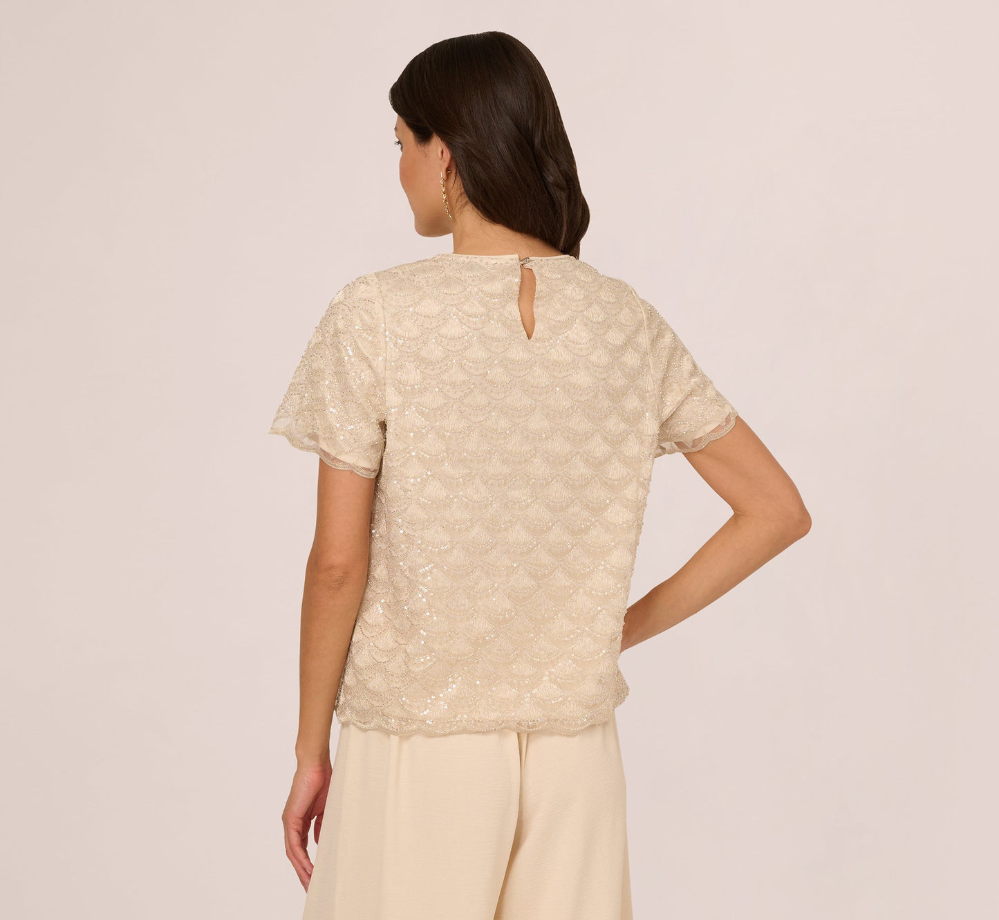 Short Sleeve Sequin Overlay Top In Pale Taupe