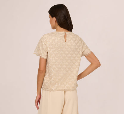 Short Sleeve Sequin Overlay Top In Pale Taupe