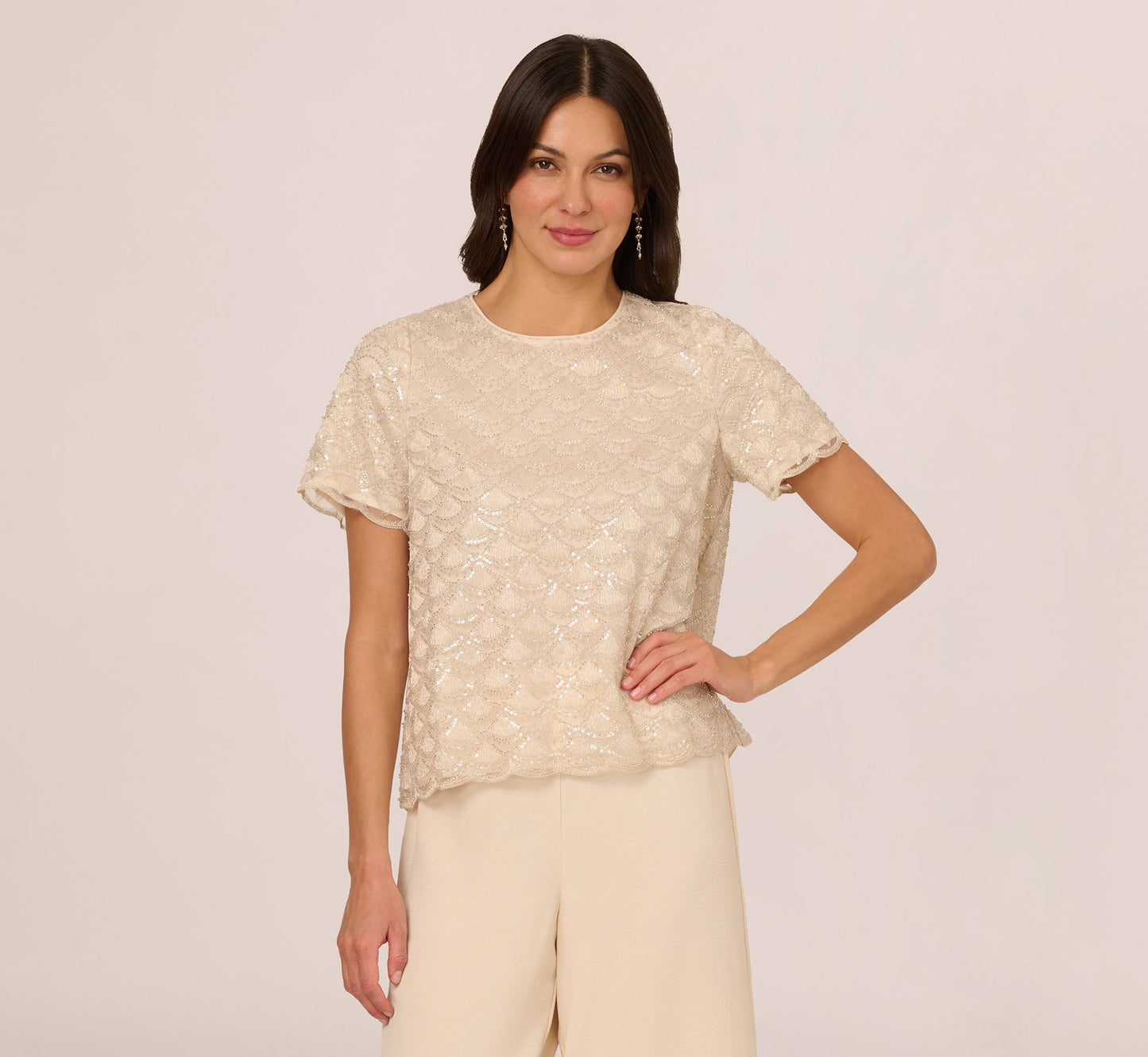 Short Sleeve Sequin Overlay Top In Pale Taupe