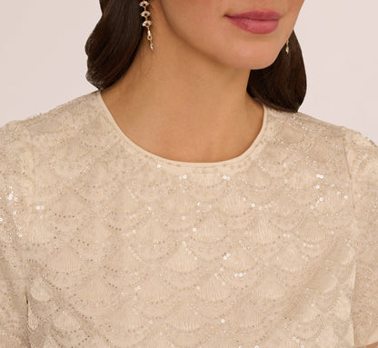 Short Sleeve Sequin Overlay Top In Pale Taupe