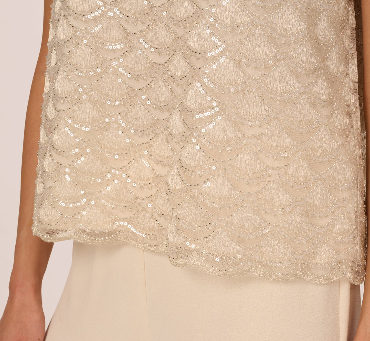 Short Sleeve Sequin Overlay Top In Pale Taupe