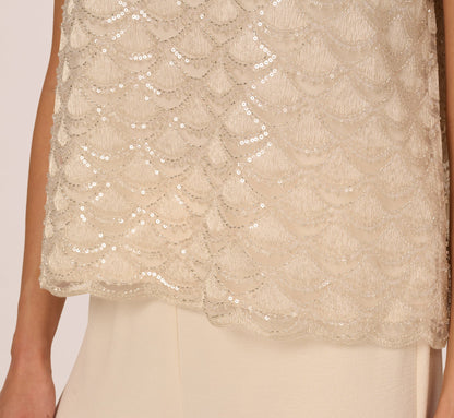 Short Sleeve Sequin Overlay Top In Pale Taupe