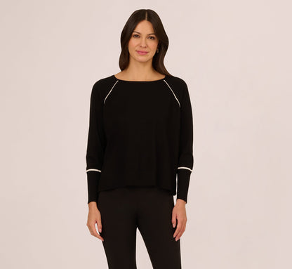 Boat Neck Slouchy Dolman Sleeve Raglan Sweater In Black Ivory