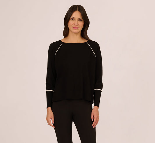 Boat Neck Slouchy Dolman Sleeve Raglan Sweater In Black Ivory
