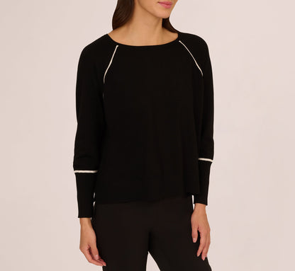 Boat Neck Slouchy Dolman Sleeve Raglan Sweater In Black Ivory