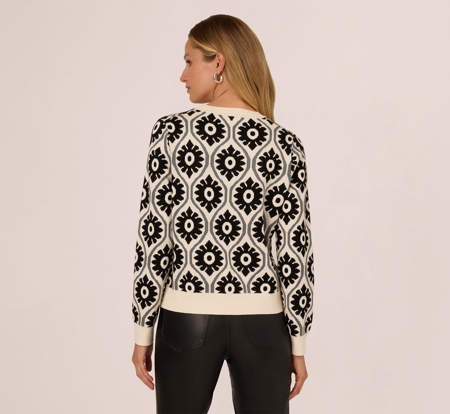 Floral Print Crew Neck Pullover Sweater In Cream Sea Green Black