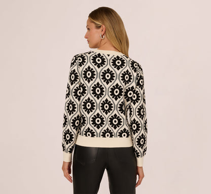 Floral Print Crew Neck Pullover Sweater In Cream Sea Green Black