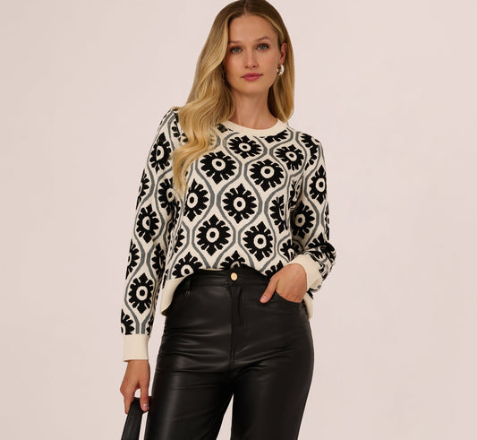 Floral Print Crew Neck Pullover Sweater In Cream Sea Green Black