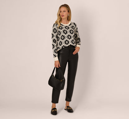 Floral Print Crew Neck Pullover Sweater In Cream Sea Green Black