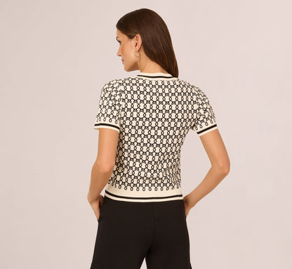 Short Sleeve Chain Patterned Knit Top In Cream Black Double Chain Link