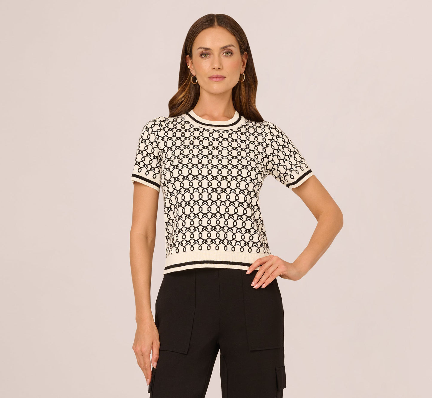 Short Sleeve Chain Patterned Knit Top In Cream Black Double Chain Link