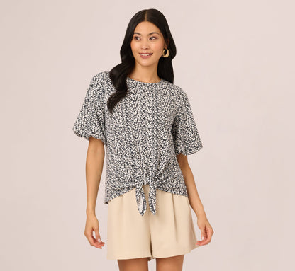 Bubble Sleeve Printed Tie Waist Top In Navy Stencil