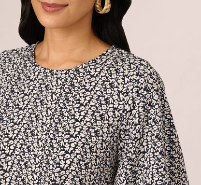 Bubble Sleeve Printed Tie Waist Top In Navy Stencil