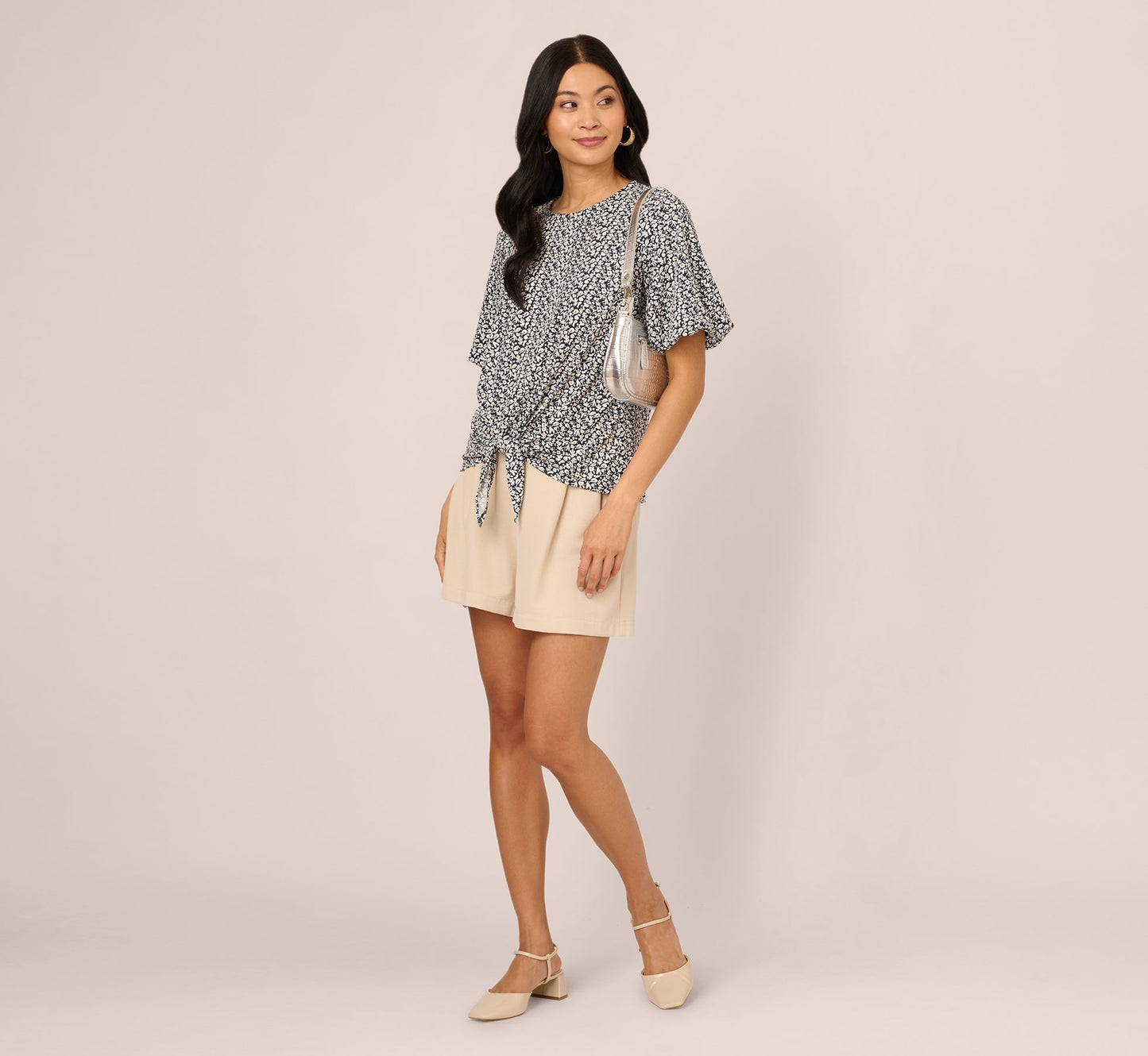 Bubble Sleeve Printed Tie Waist Top In Navy Stencil