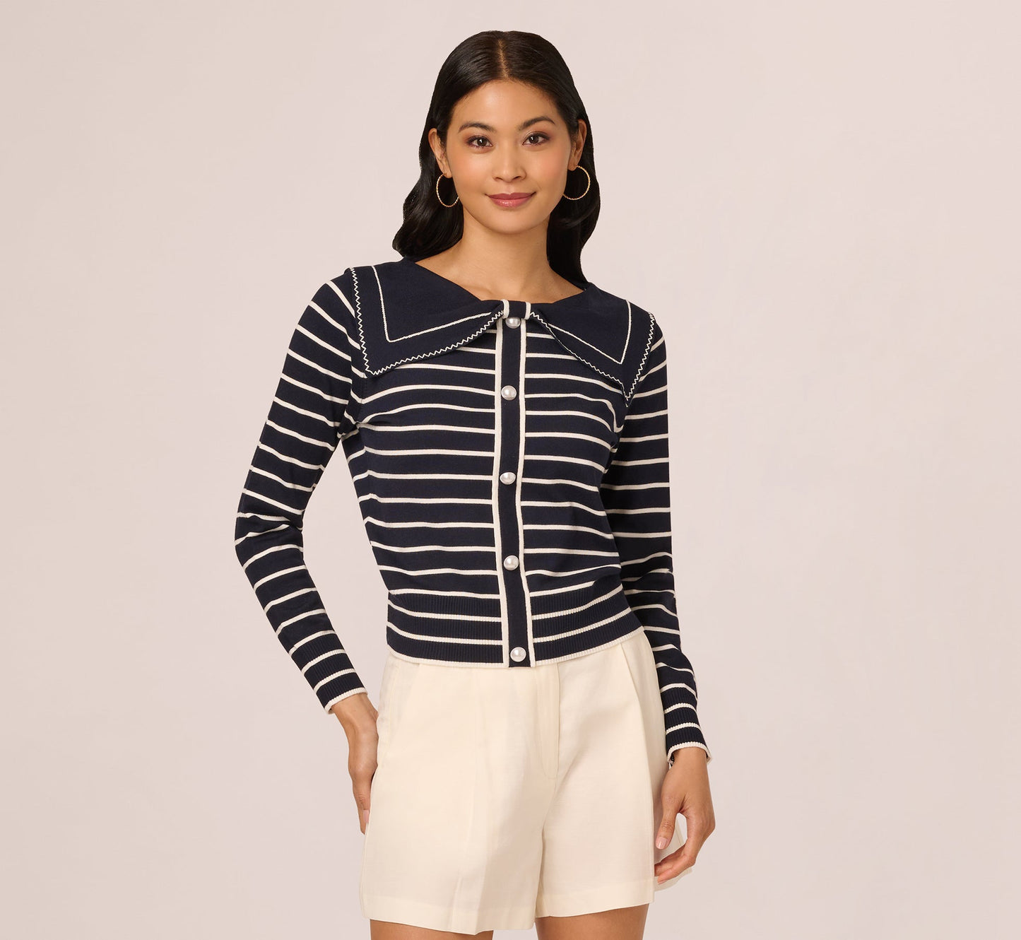 Long Sleeve Sailor Collar Pullover Sweater In Navy Ivory