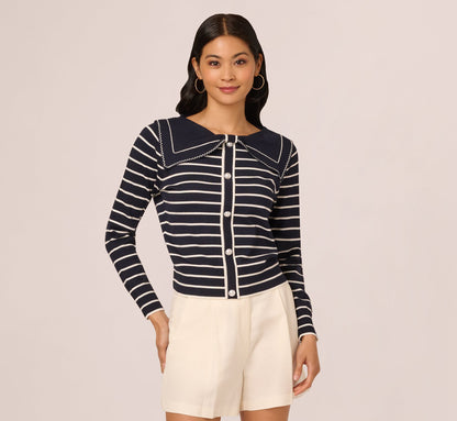 Long Sleeve Sailor Collar Pullover Sweater In Navy Ivory