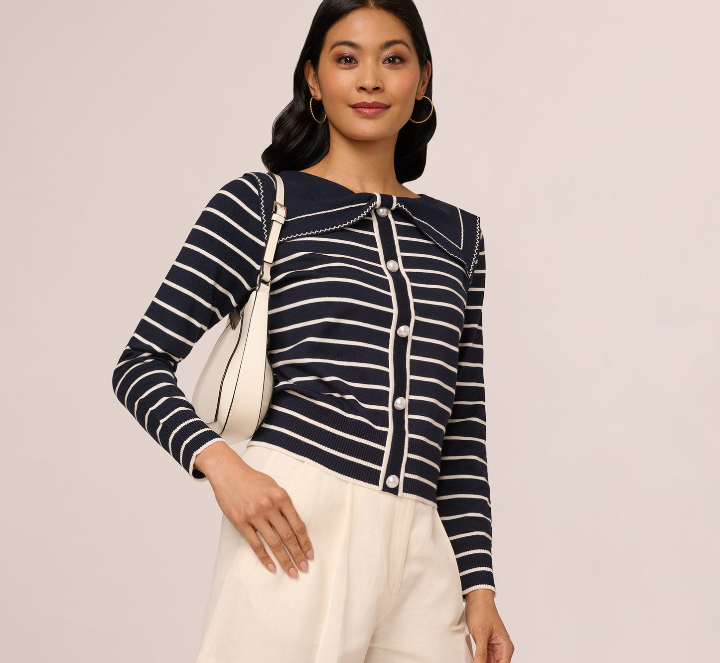 Long Sleeve Sailor Collar Pullover Sweater In Navy Ivory