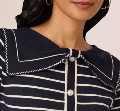 Long Sleeve Sailor Collar Pullover Sweater In Navy Ivory