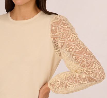 Lace Sleeve Crew Neck Sweater In Cream