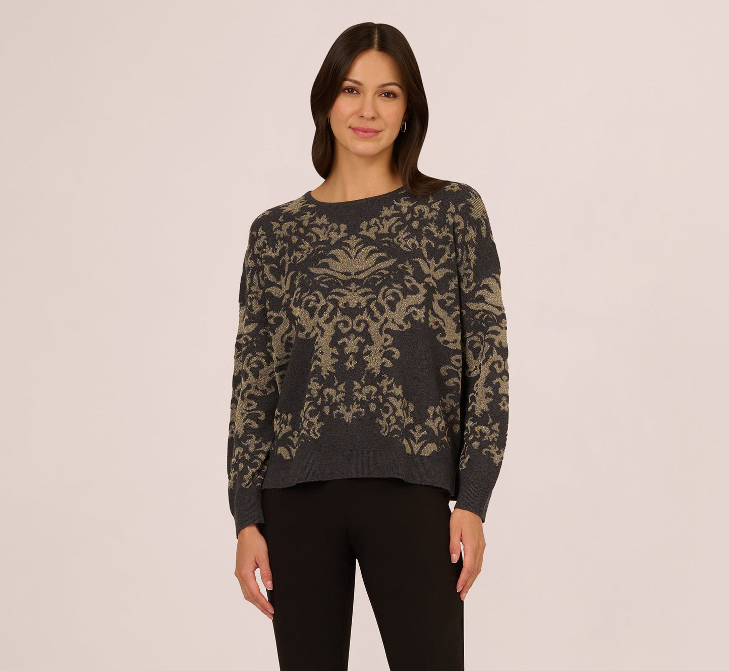 Drop Shoulder Metallic Knit Sweater In Slate Grey Gold