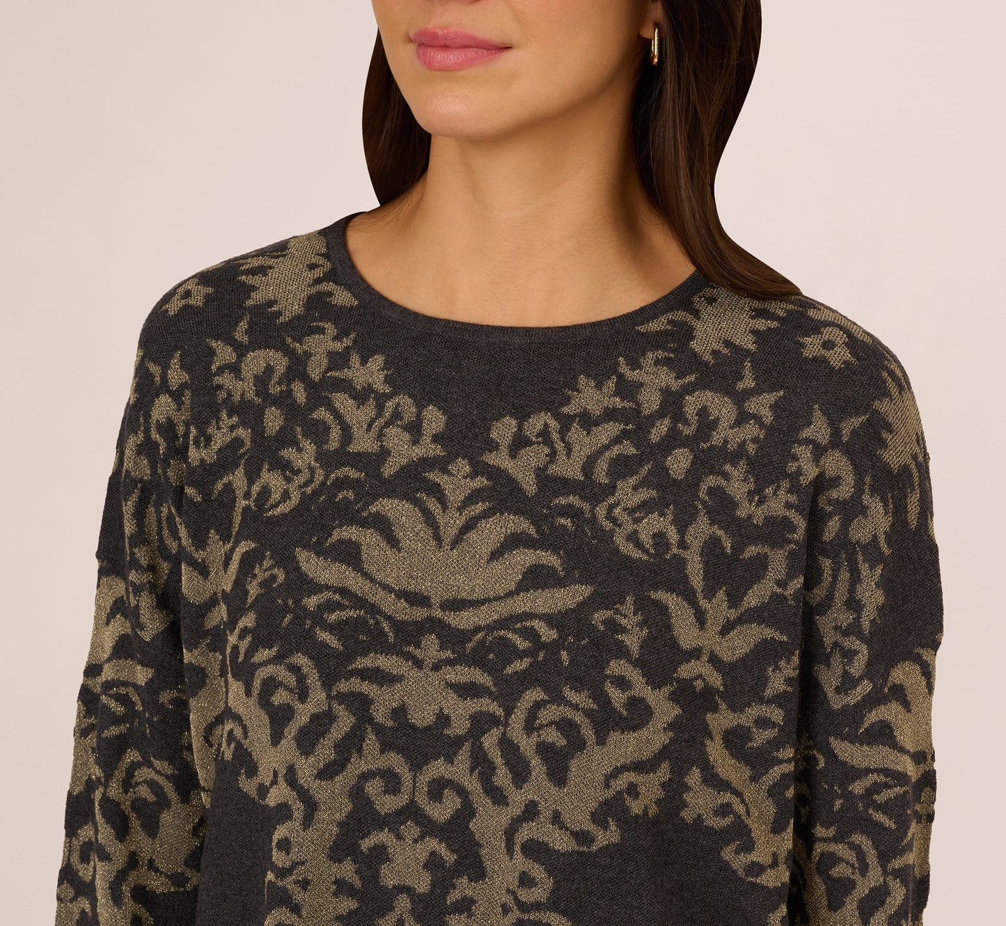 Drop Shoulder Metallic Knit Sweater In Slate Grey Gold