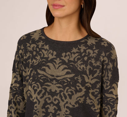 Drop Shoulder Metallic Knit Sweater In Slate Grey Gold