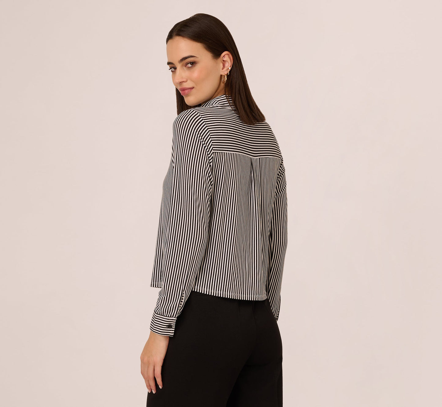 Long Sleeve Cropped Striped Blouse In Black Ivory Small Stripe