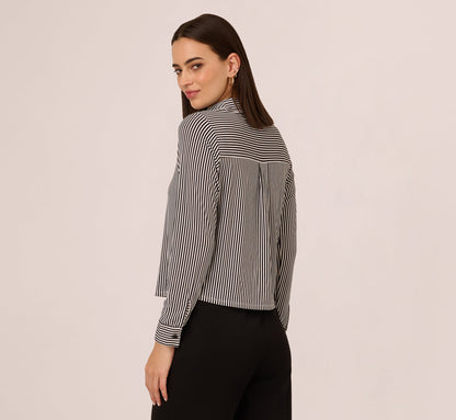 Long Sleeve Cropped Striped Blouse In Black Ivory Small Stripe