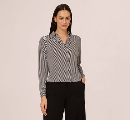 Long Sleeve Cropped Striped Blouse In Black Ivory Small Stripe