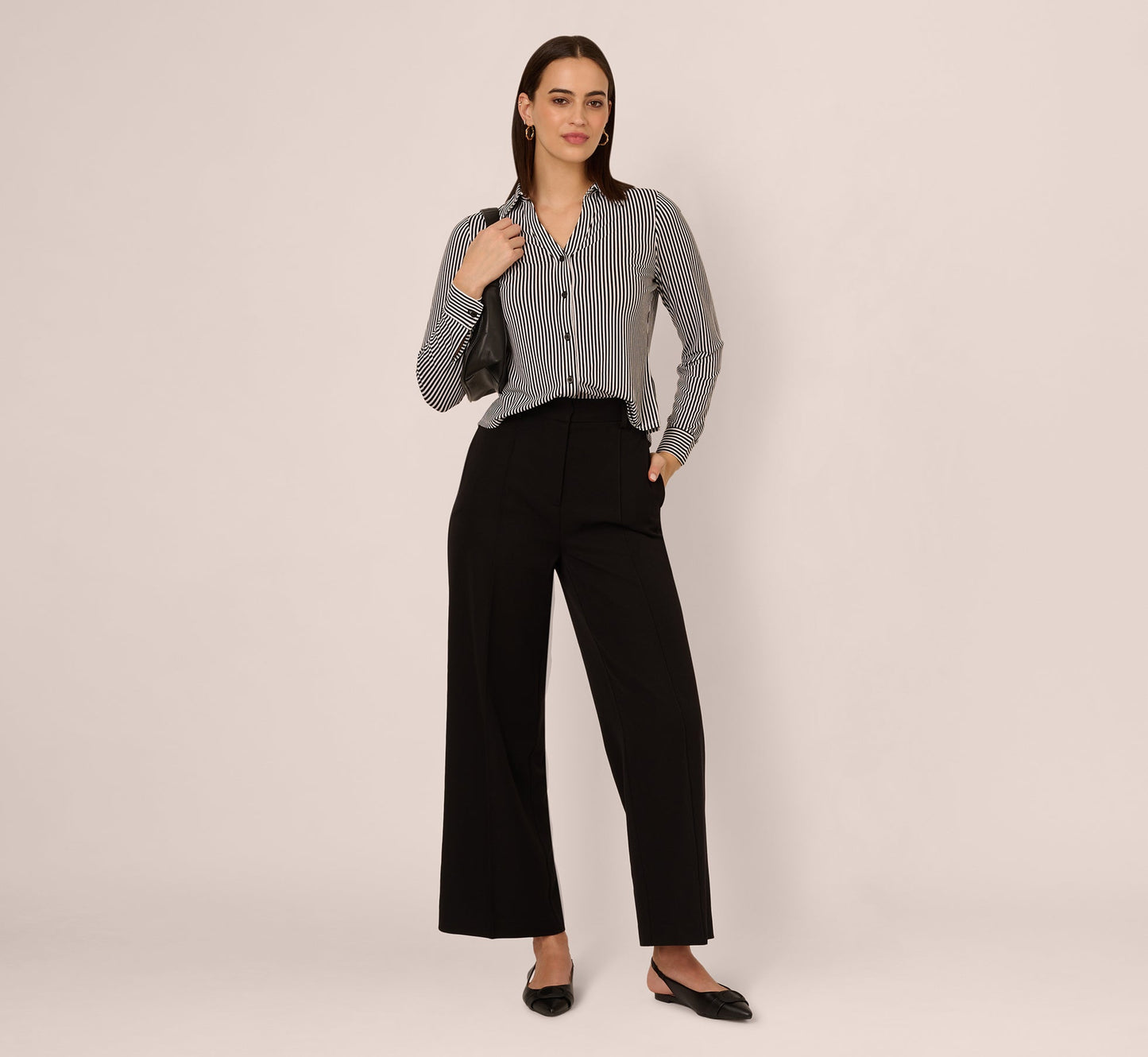 Long Sleeve Cropped Striped Blouse In Black Ivory Small Stripe