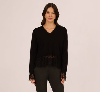 V Neck Lace Trim Twofer Sweater In Black
