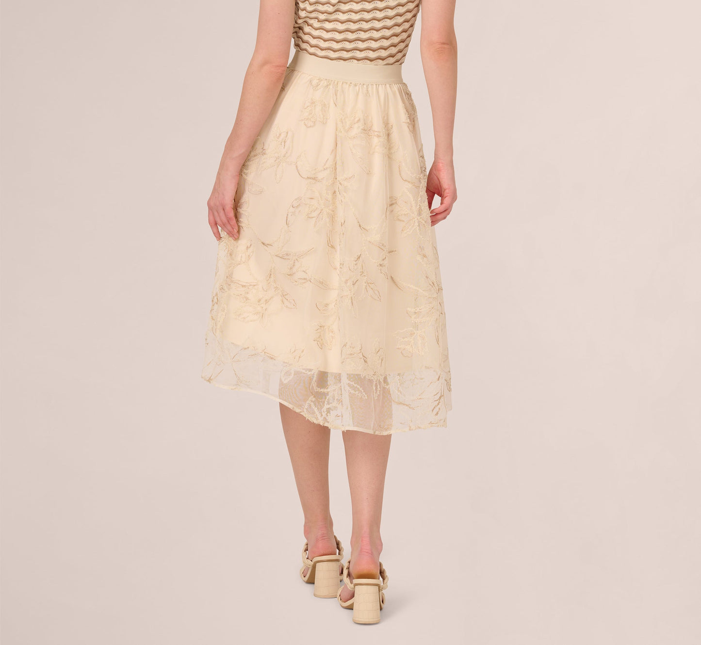 Floral Mesh Overlay A Line Midi Skirt In Ivory
